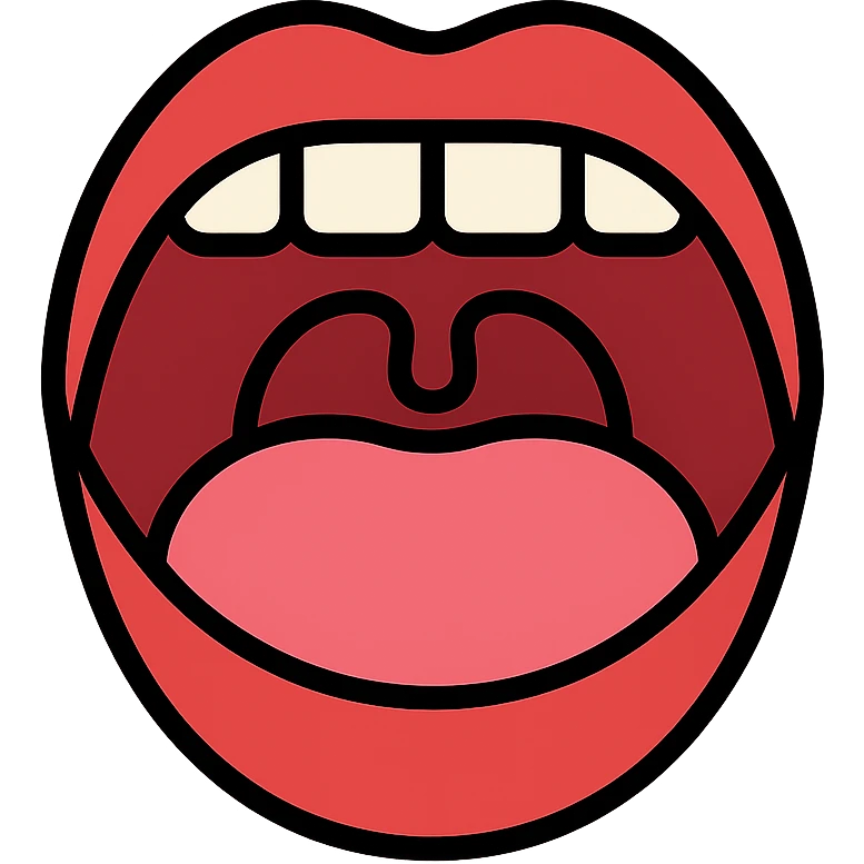Schematic open mouth with visible tongue, symbolizing speech articulation and sound practice. Vector style, clean and sharp lines. Include realistic shadows and light reflections for depth. Minimalistic, educational design. Transparent background. High contrast between tongue, teeth, and lips for clarity. Flat illustration with soft shading, suitable for speech therapy materials emoji