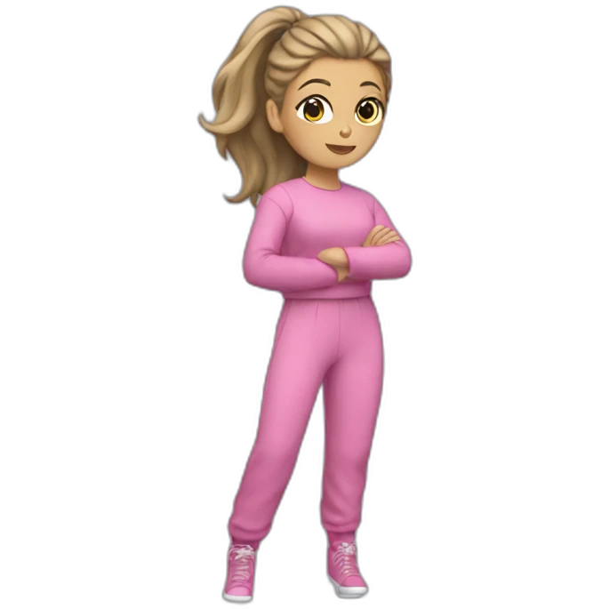 Woman dark blond hair ponytail pink  full body jumpsuit flying emoji