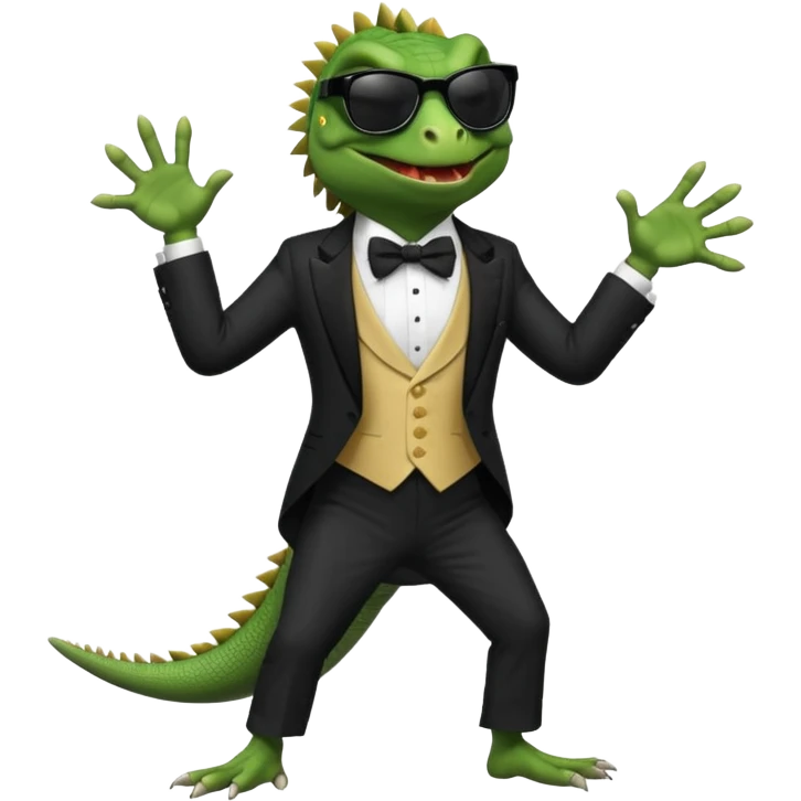 capitalist iguana banker in tuxedo and black sunglasses dancing crazy emoji