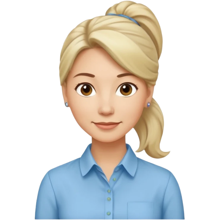 Женщина среднего возраста с волосами, собранными в аккуратный хвост, лёгкая уверенная улыбка, строгая однотонная блузка, стиль деловой и сдержанный. emoji