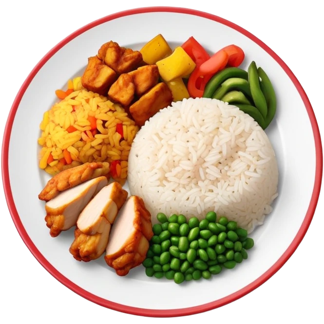 Full meal plate with rice, chicken pieces, and Puerto Rican vegetable mix emoji
