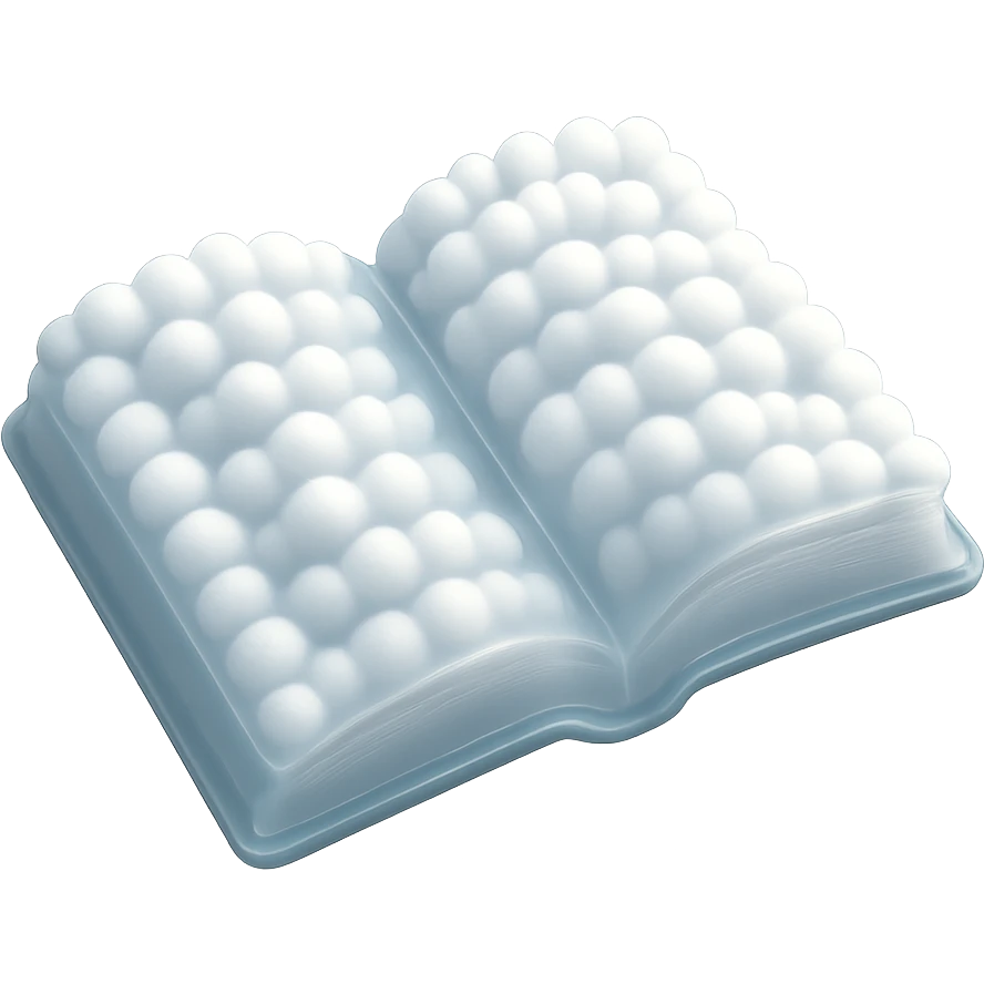 top view of a thick open book made entirely of small, very bright white fluffy convex clouds, matte glass style emoji
