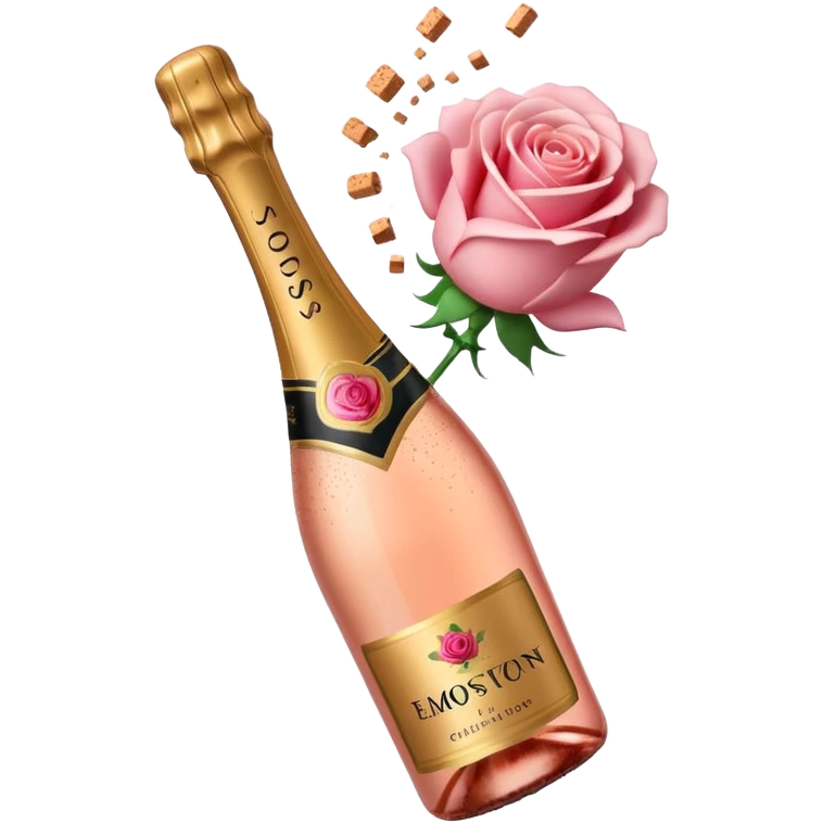 bottle of sparkling rosé champagne with a rose logo on the label, with the cork exploding out from the top, tilted up and to the left, no glass emoji