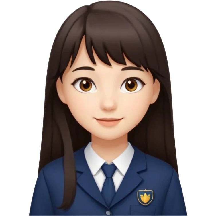 Pretty student with dark brown bangs and long straight hair, elegant school uniform, natural makeup, charming smile emoji