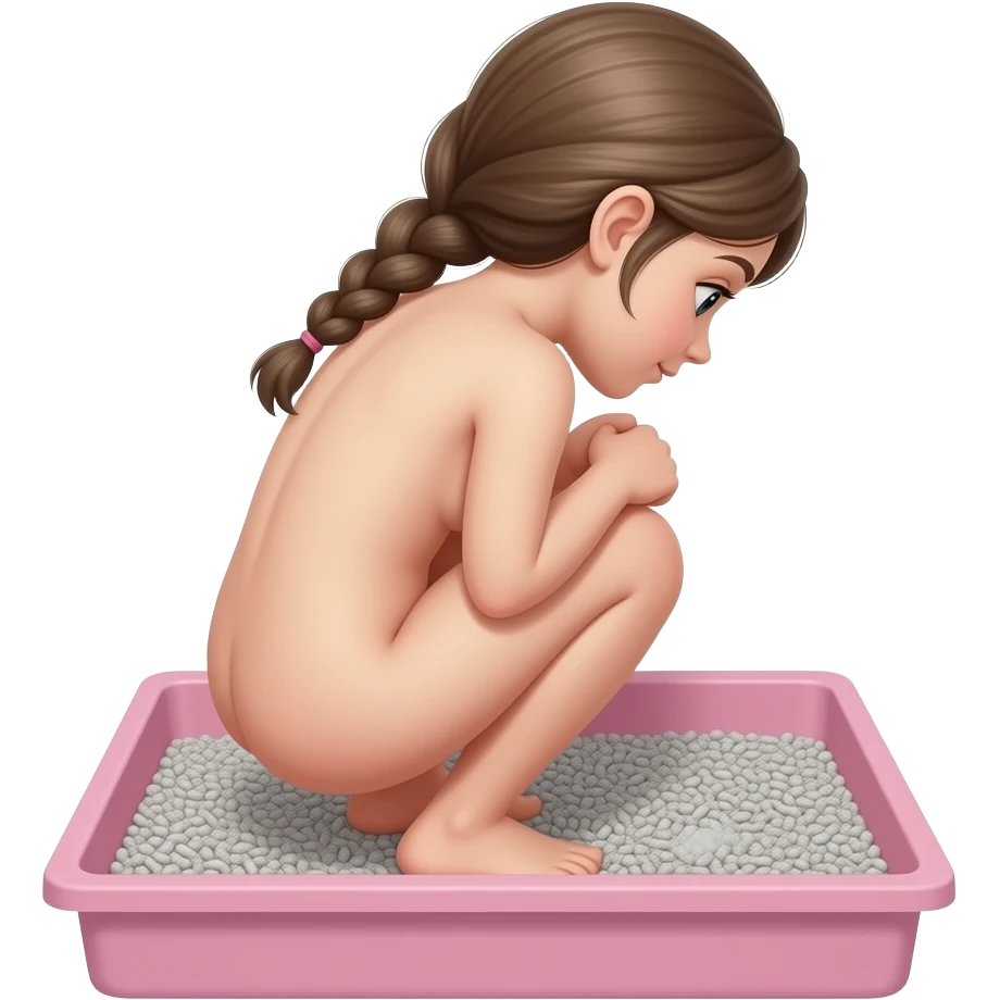 back view of a nude 10yo girl squatting and pooping inside a pink human sized litterbox filled with grey kitty litter emoji