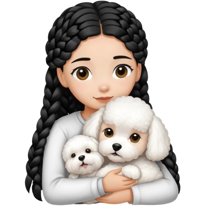 A girl with the black braids has straight hair ,hugging one Bichon frise emoji