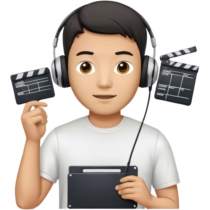 asian male movie director wear headset, tsirts with movie slate emoji