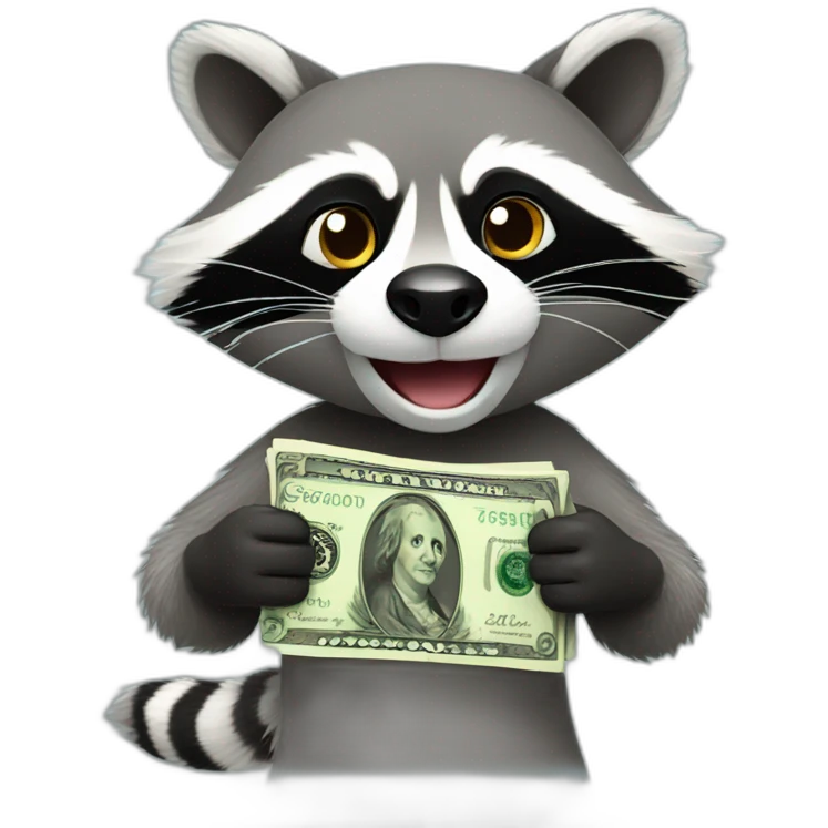 silly racoon with money in hands emoji