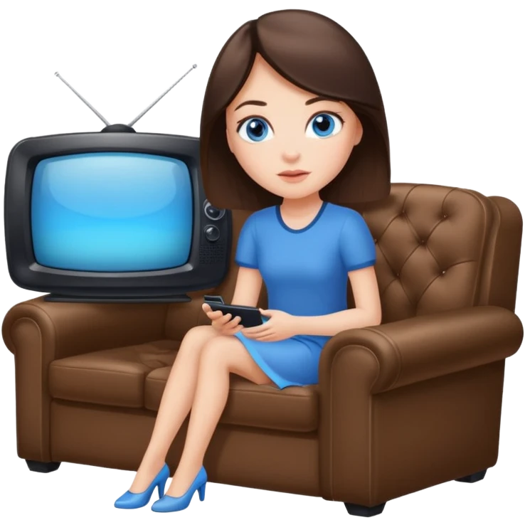 Brunette, blue-eyed woman sitting on coach watching TV  emoji