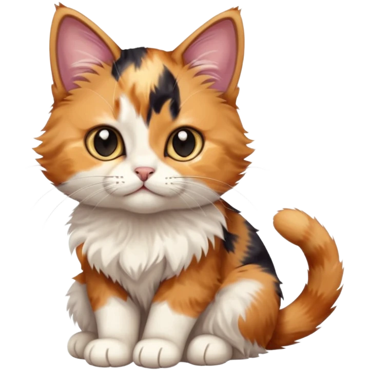 A high-resolution photo-realistic digital illustration of a calico cat kitten emoji
