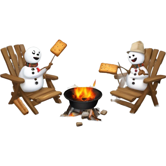 Snowmen melting while roasting s’mores around a fire emoji