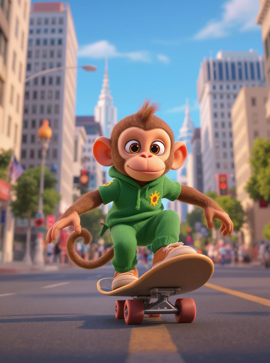 Disney style Cinematic still scane, Low angle shot, monkey dress in green outfit, monkey ride on skateboard, san francisno downtown with city lanscape, blue clean sky, captured by ARRI Alexa XT, soft cinematic lightning, back light, inspired by ToyStory 4 emoji