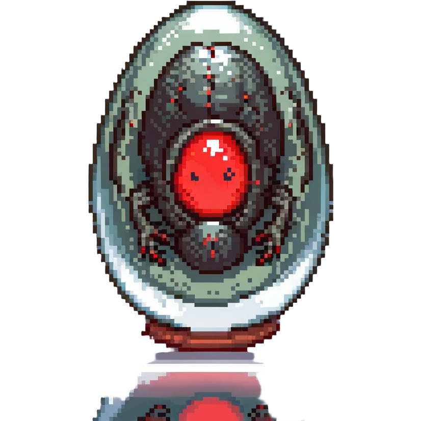 a strange large transparent alien egg, floating inside with a visible creature inside, embryo, embryonic, fetal shape, primordial, 3 glowing red eyes, illuminated from above, shining glass egg emoji