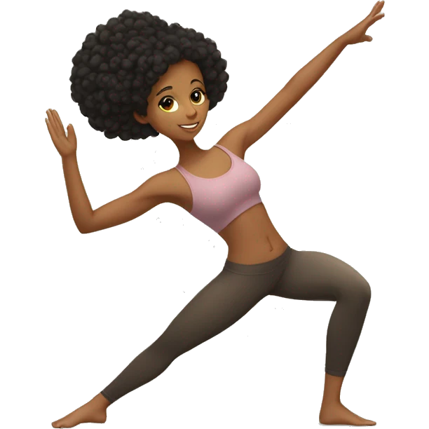 Tan girl curly black hair in yoga pose one leg tucked near groin emoji