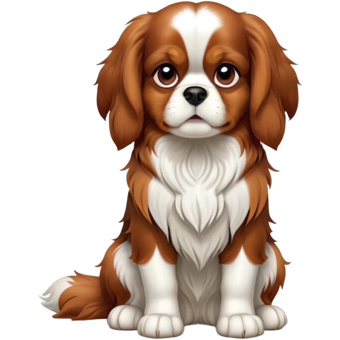 cinematic-[cavalier king charles dog]-realistic-full-body-sitting-emoji,-tail-resting-loosely-beside-its-paws,-head-tilted-dramatically,-scruffy-[brown and white]-fur,-simplified-yet-realistic-focused-features,-highly-detailed,-glowing-with-an-almost-sarcastic-glow emoji