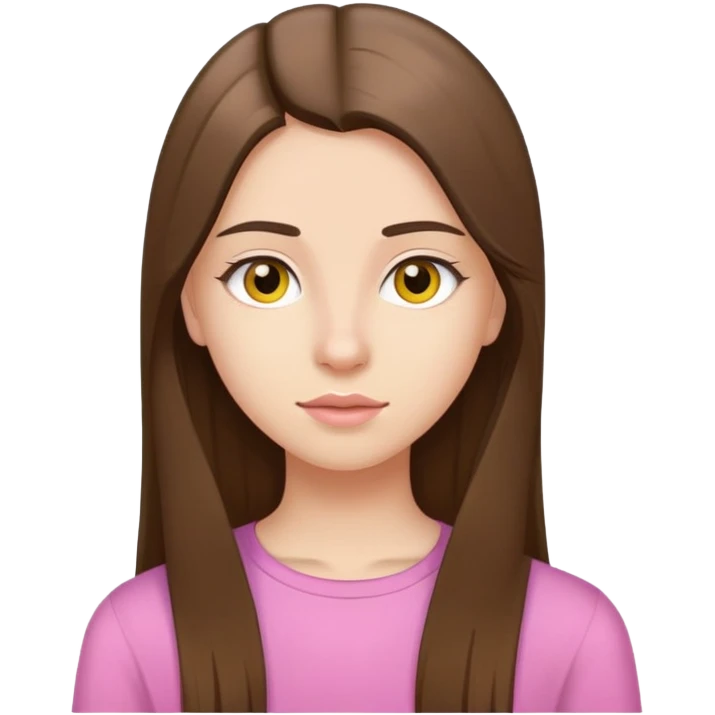 teenager with long and straight brown hair, brown eyes, small nose, pinkish lips and yellow top emoji