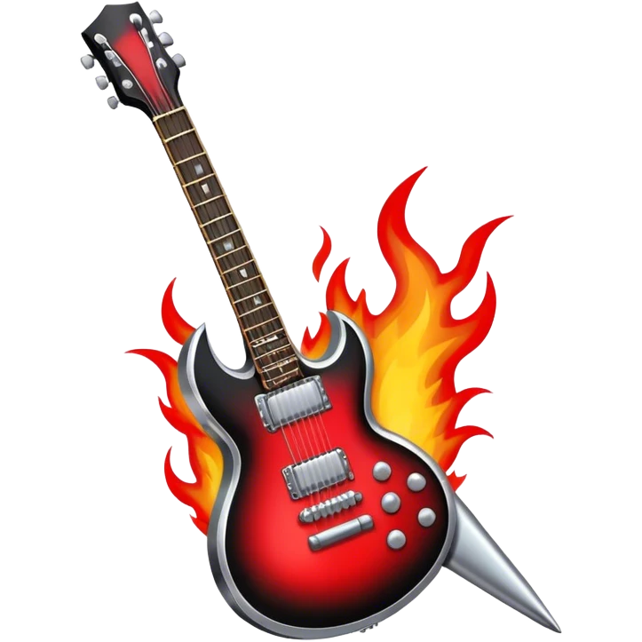 Create a bold and powerful emoji representing rock vocal performance in a humanless collage. The design should feature a vintage microphone at the center, surrounded by a heavy, aggressive hardcore electric guitar with sharp, jagged edges. Include crossed drumsticks behind the guitar, symbolizing the intense rhythm of rock music. Add fiery elements like flames or lightning bolts to enhance the raw energy of the design. Use dark, bold colors like black, red, and silver, with metallic or chrome accents to reflect the rebellious, hard-hitting nature of rock. The background should be transparent. emoji