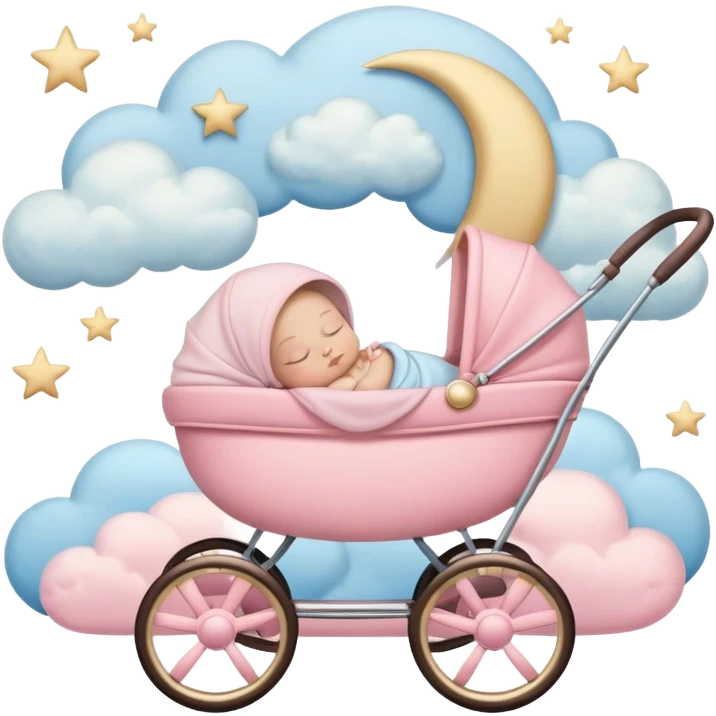 sleeping baby in pink and beige stroller with crescent moon and stars above with pastel blue clouds emoji