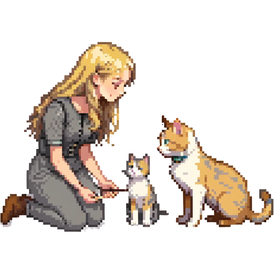 Remix: Beautiful girl with long wavy blonde hair, inspired by the reference, petting a gray and blonde mixed cat, pixel art style, girl kneeling, cat looking up emoji