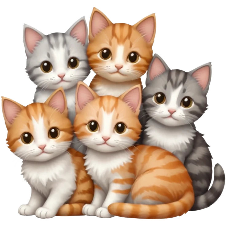 6 tiny kittens cuddling together all various different natural colours including grey and white, ginger and white, calico, grey, and brown tabby and white emoji