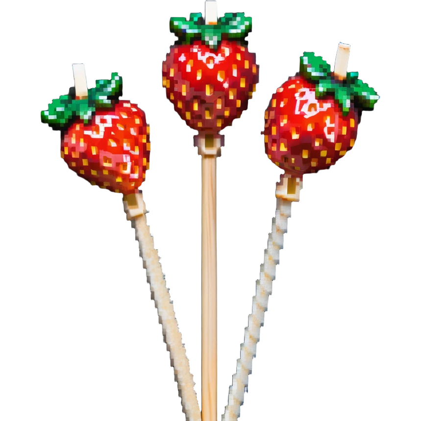 three strawberries on a wooden skewer coated in shiny sugar glaze emoji