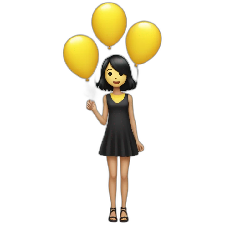a thin girl with black straight hair, dressed in a short shiny dress, holds balloons in the shape of black and yellow hearts in her hands emoji