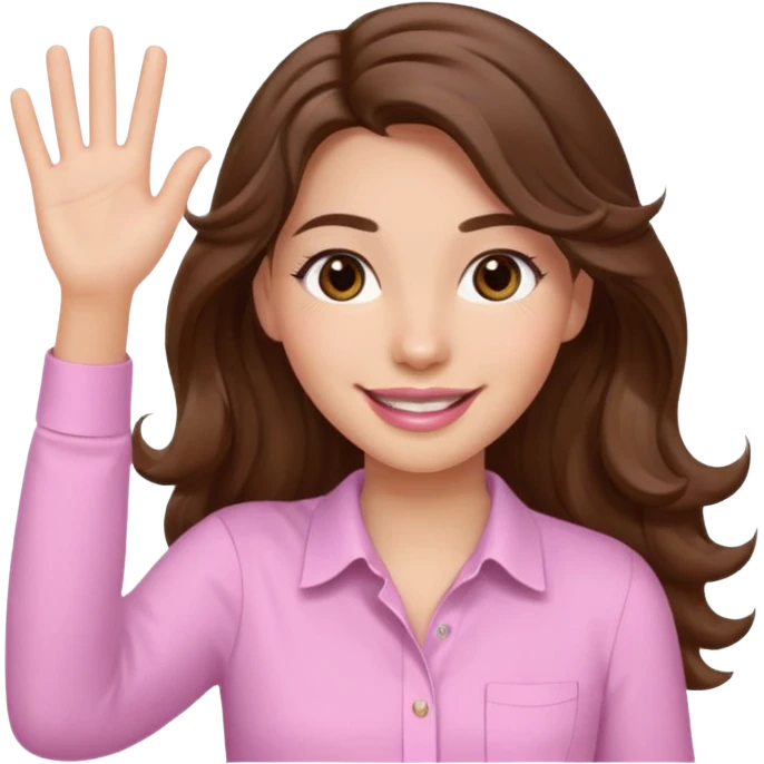 girl with wavy long brown hair, brown eyes, light to medium complexion, long lashes, light pink lipstick, smiling, wearing light pink shirt, waving hello emoji