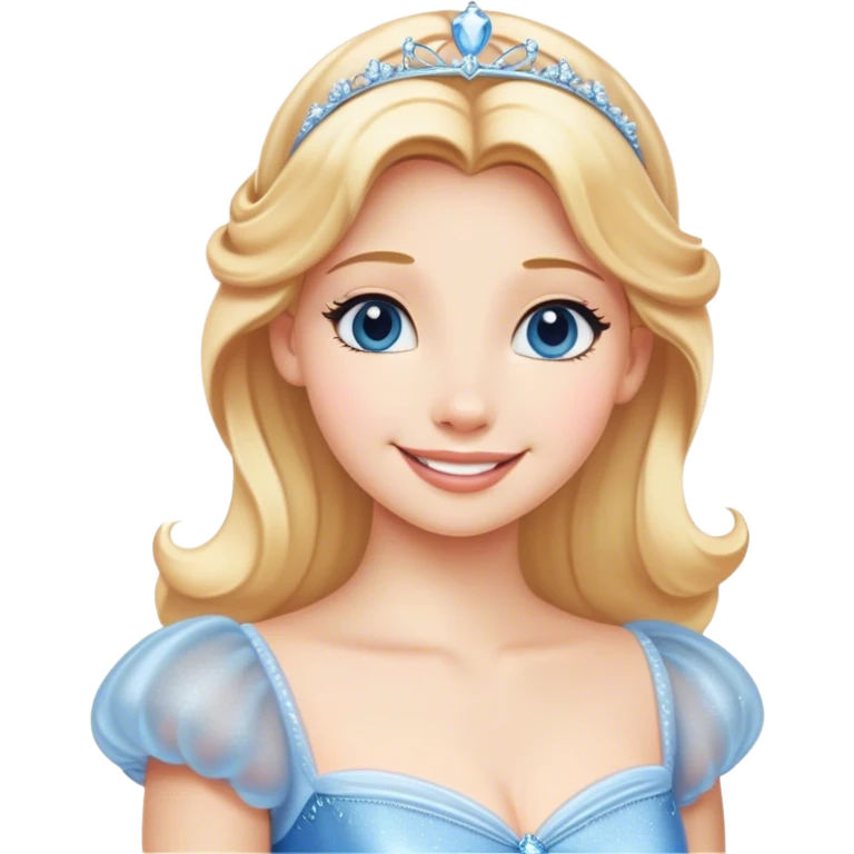 Cinematic Radiant Cinderella Portrait Emoji, rendered in a clean vector-style with bold proportions. Show Cinderella with a warm, serene smile, fair skin, and lustrous blonde hair, wearing a simple yet elegant dress that shimmers with gentle light. The image glows with an inviting, soft radiance and high shine, embodying timeless beauty. emoji