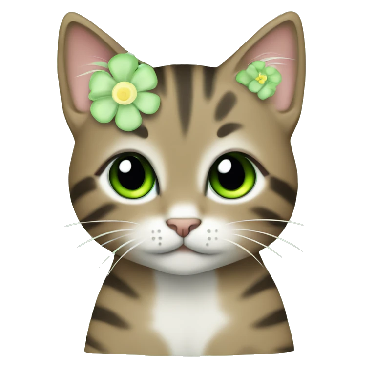 kawaii brown tabby kitten with green eyes and pastel green flower emoji