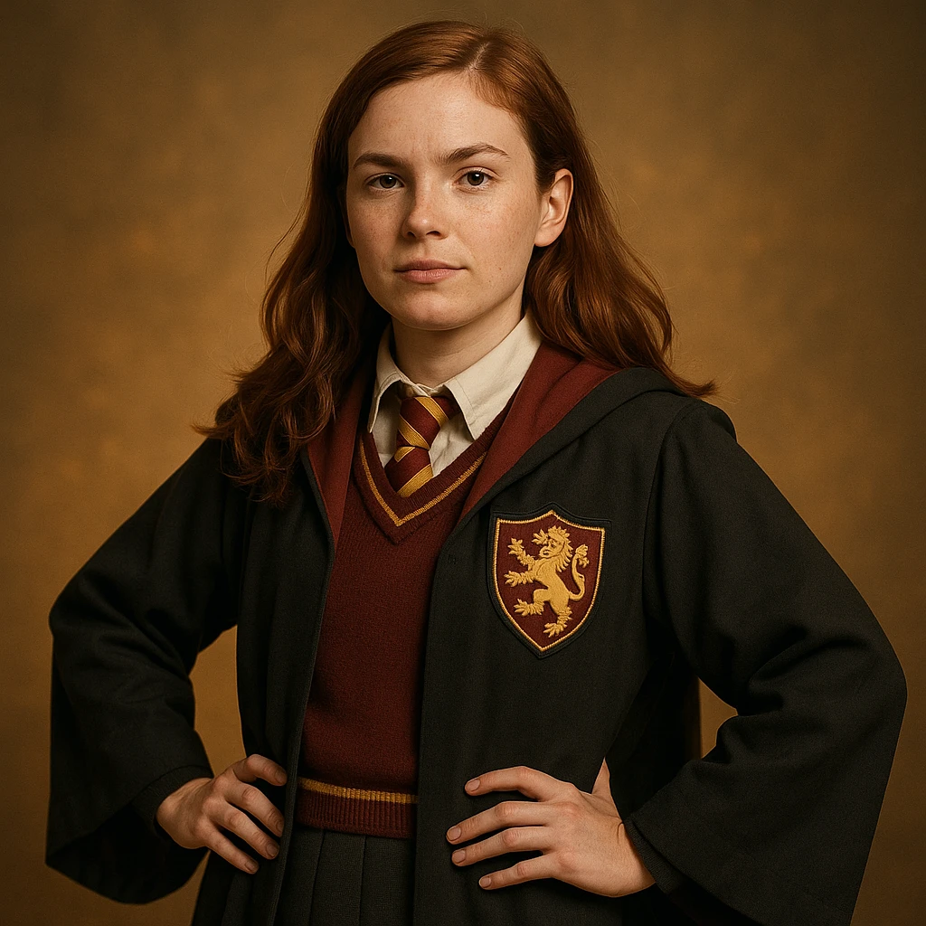 Make this stylized Gryffindor head girl badge more realistic, with natural skin tones, realistic hair, detailed Hogwarts robes, and a lifelike lion crest, while preserving the leadership vibe. emoji