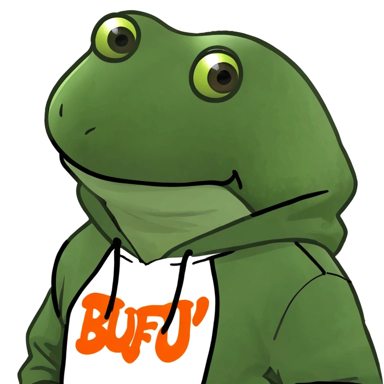 cartoon frog with tough expression wearing hoodie with 'BUFU' in fiery graffiti text overhead, urban energetic attitude-filled emoji