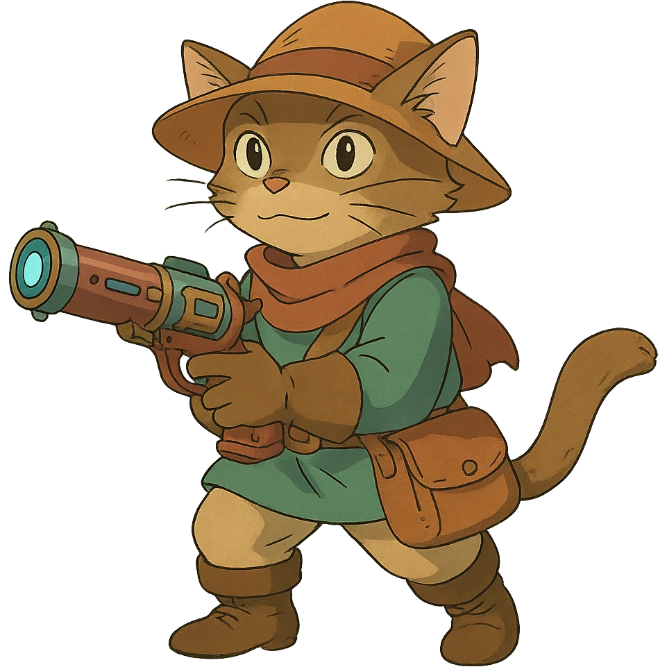 ghibli style adventurous cat with a fantasy blaster emoji