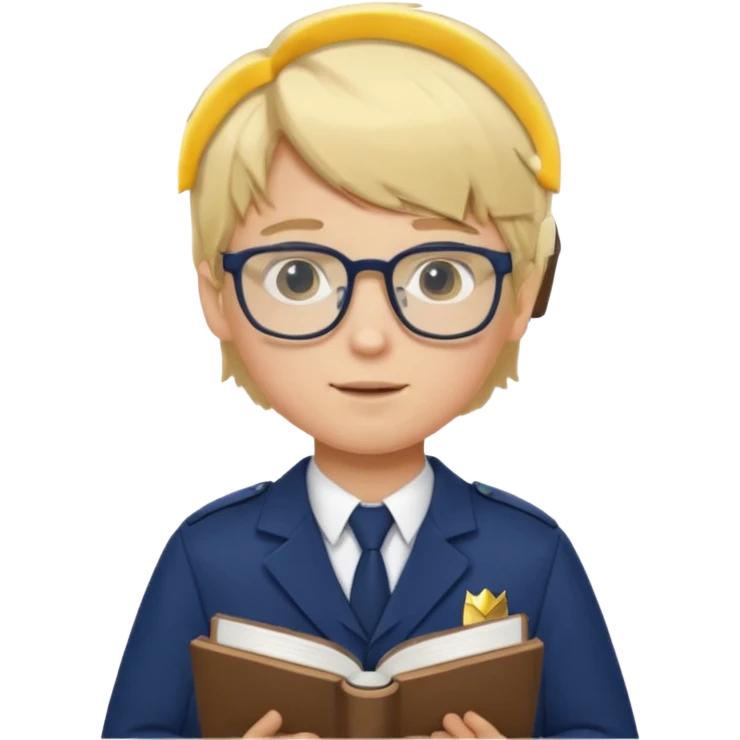 Boy student wearing uniform, glasses, hold book in front of their chest, blonde hair, white skin emoji