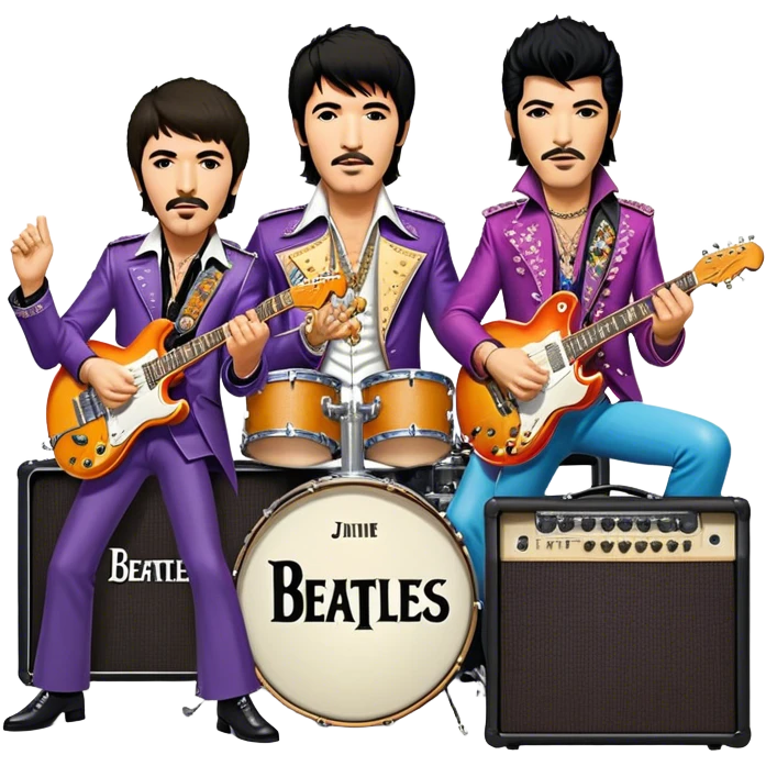 Rock music icon: vibrant stage with electric guitars, drums, and amplifiers. Collage of rock legends—The Beatles, Jimi Hendrix, and Elvis Presley—capturing the rebellious spirit and timeless energy of rock music. Transparent background. emoji