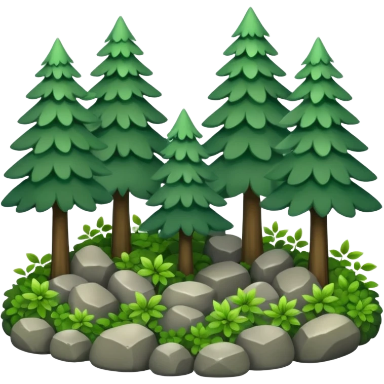 A bright forest clearing with layered bushes and scattered rocks. emoji