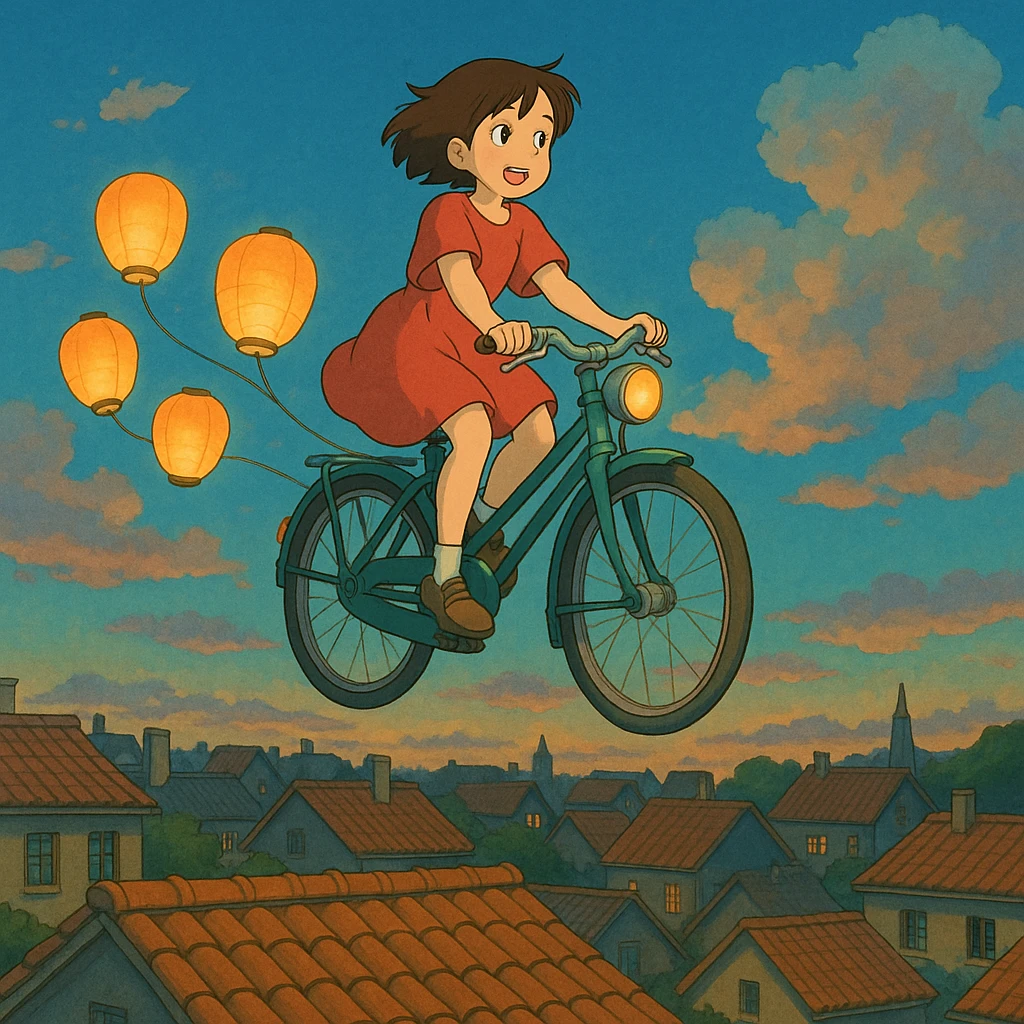 A girl riding a floating bike above the rooftops, with paper lanterns trailing behind.

 emoji