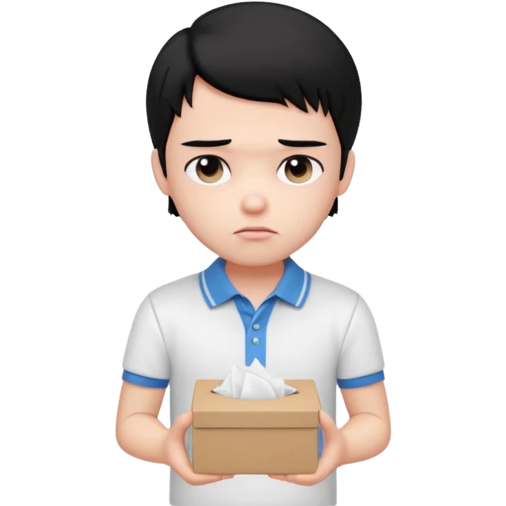 generate a pretty bratz boy with black hair, wearing a white polo shirt. Looking sad, holding a box of tissues emoji
