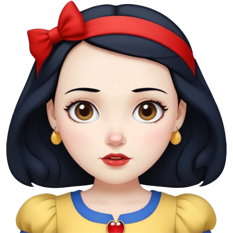ultra simplified Snow White, blue top with yellow skirt, black hair with red headband, very minimal details, slightly zoomed out emoji