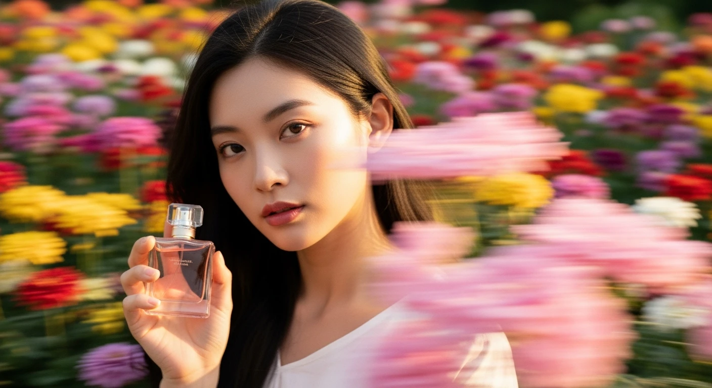 Motion blur Extreme Closeup photo of a beautifull woman holding perfume around beautifull colorfull flowers, cinematic light, 8K, very detailed, sharp, depth (foreground, midground, background) emoji