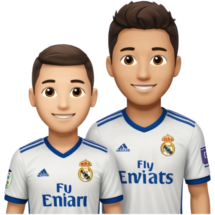 Prime noodle hair ronaldo and prime 2012 messi Smiling in one Photo and make it realistic Ronaldo wearing Number 7 With Madrid and Messi wearing number 10 with barca  emoji
