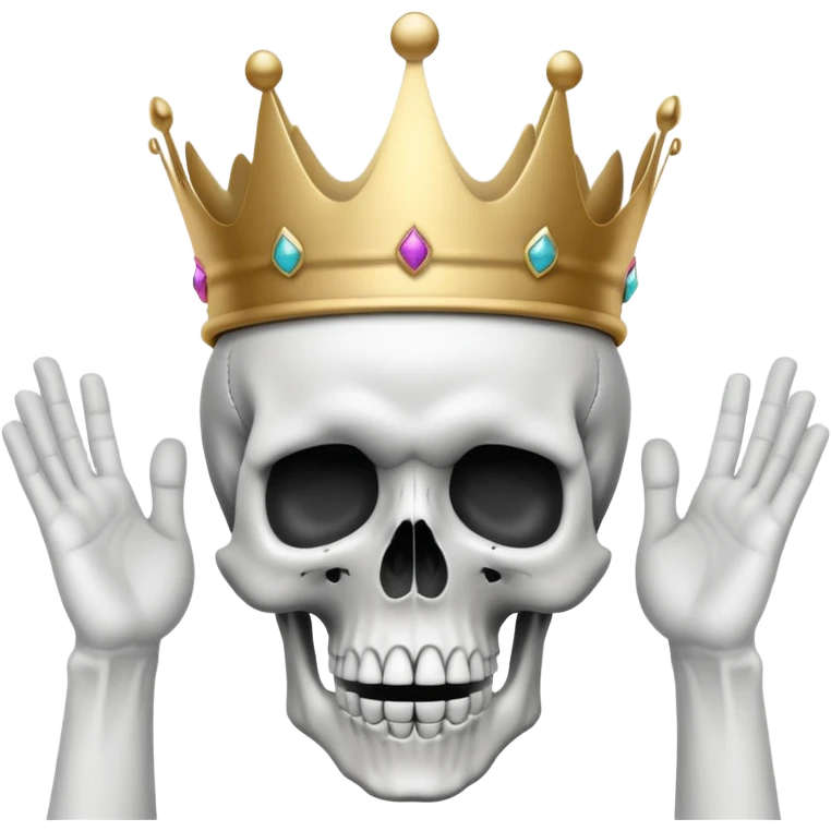 A shocked skull with a crown on top, both hands raised pressing on its head in disbelief, black and white emoji