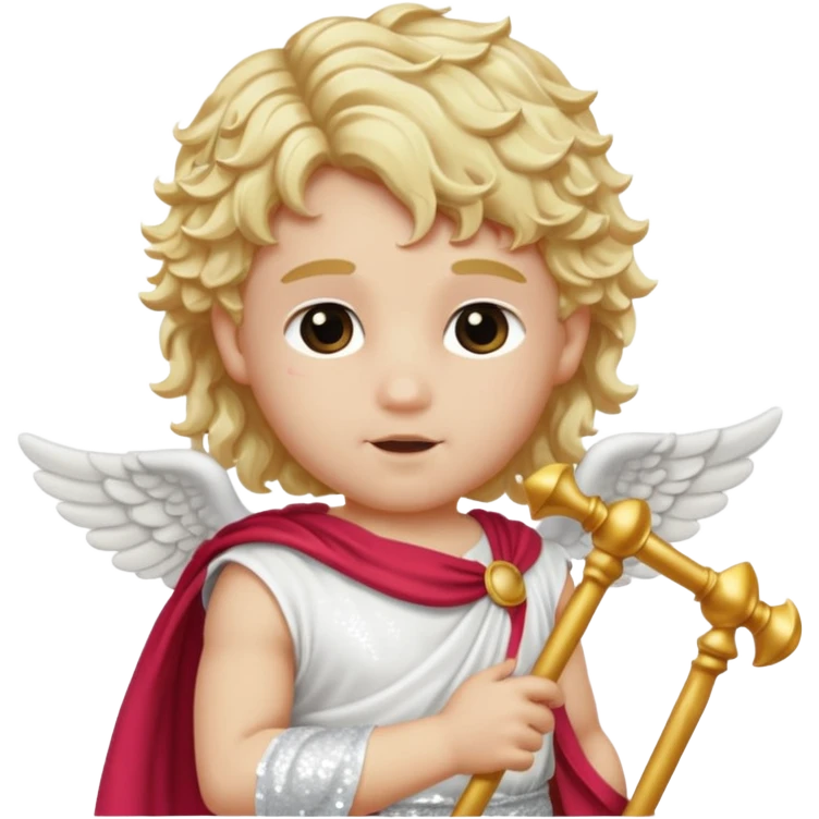 Cupid, God of Love from Roman Deities with long  blonde wavy hair, white sequin toga emoji