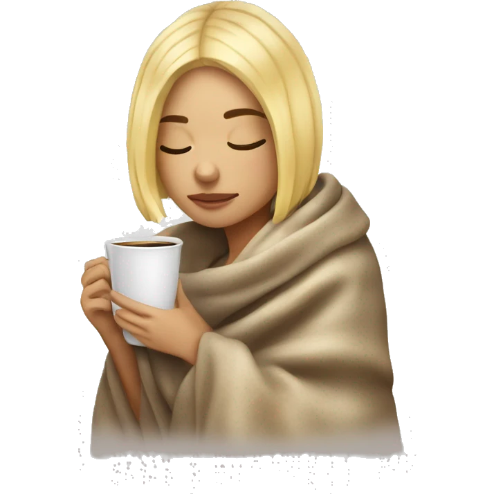 Blonde girl with bob haircut inside a blanket sipping coffee eyes closed emoji