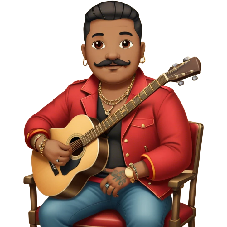 Icon for Chanson: Old fat chanson singer with tattoos and small moustache, red jacket, gold chains and braslettes, sitting on a chair with an acoustic guitar and standing microphone. No earrings. The atmosphere should reflect a nostalgic, soulful vibe with vintage elements. Transparent background. emoji