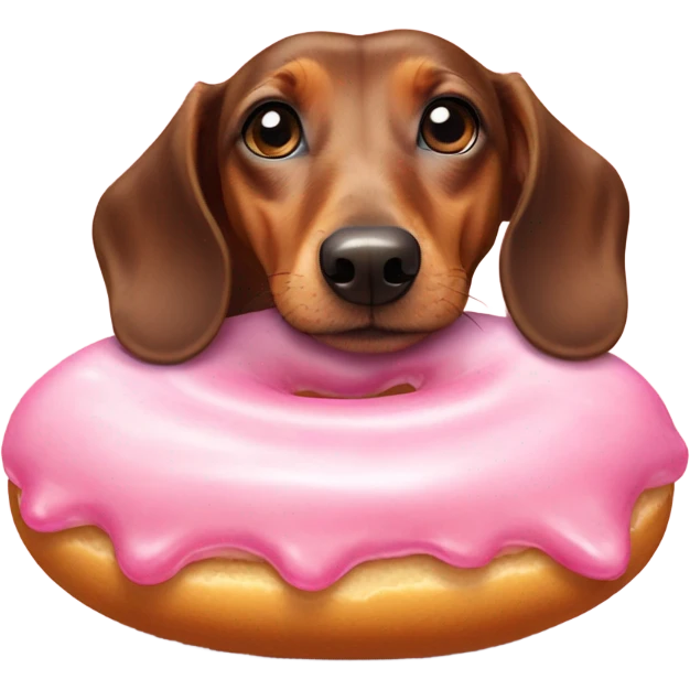 dachshund laying down licking a pink frosted doughnut in front of it emoji