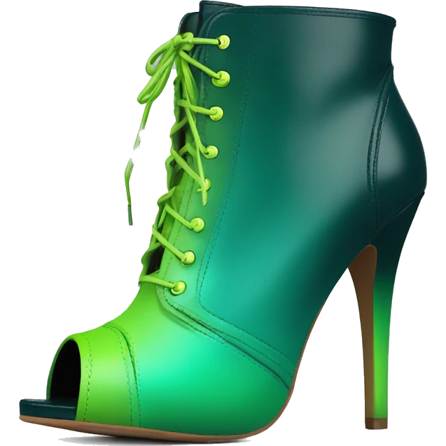 Realistic isolated top front view of a pair of dark teal,lime green,mint green and emerald green ombre high heel peep toe ankle bootie boots. emoji