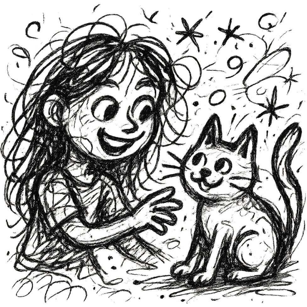 beautiful girl with long hair playfully interacting with a cute cat, wild scribbled lines and whimsical details emoji