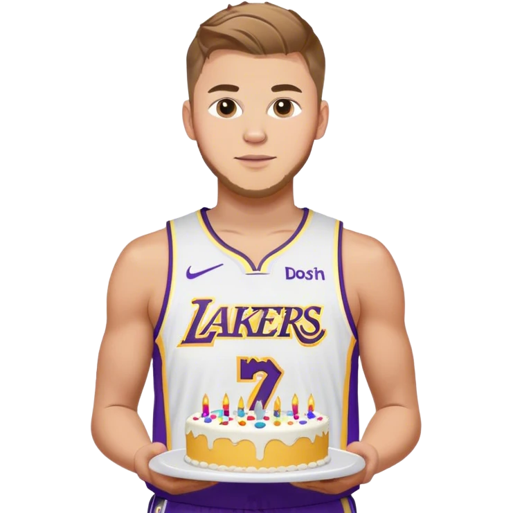 Luka Doncic in lakers jersey holding a birthday cake emoji