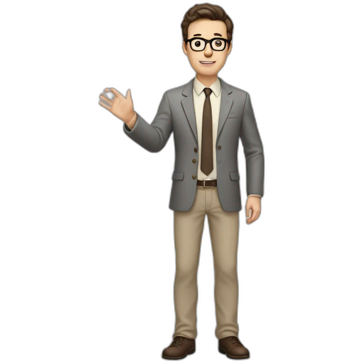 Full height Actively gesturing with hands Pale skinned fit man with dark brown hair in gray jacket, beige office shirt, brown tie, brown pants and vintage glasses. emoji