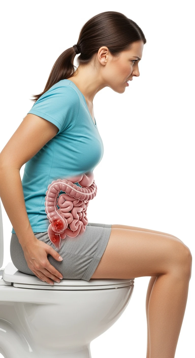donna che si sforza seduta sul wc con intestino umano anatomico in evidenza, iperrealistica 4k, sfondo bianco emoji